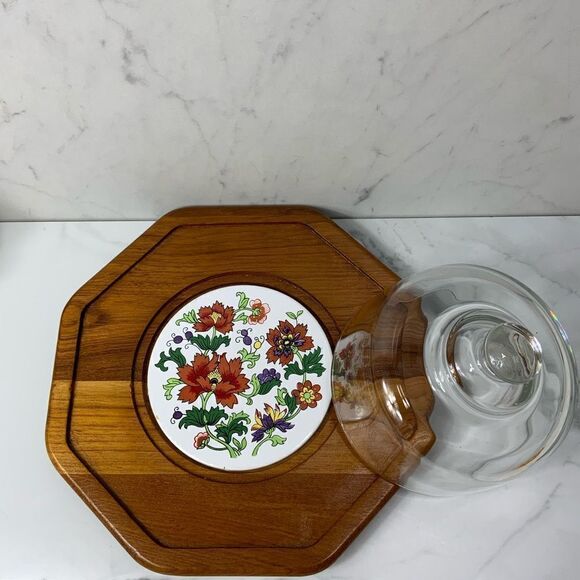 VINTAGE Dolphin Teakwood Cheese board with glass dome - Picture 3 of 5